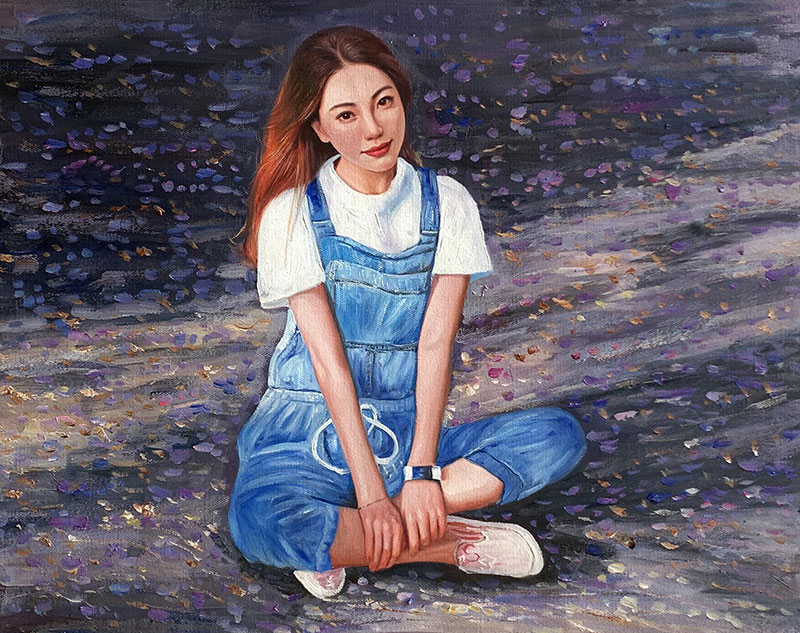 Beautiful handmade oil painting of a girl outdoors