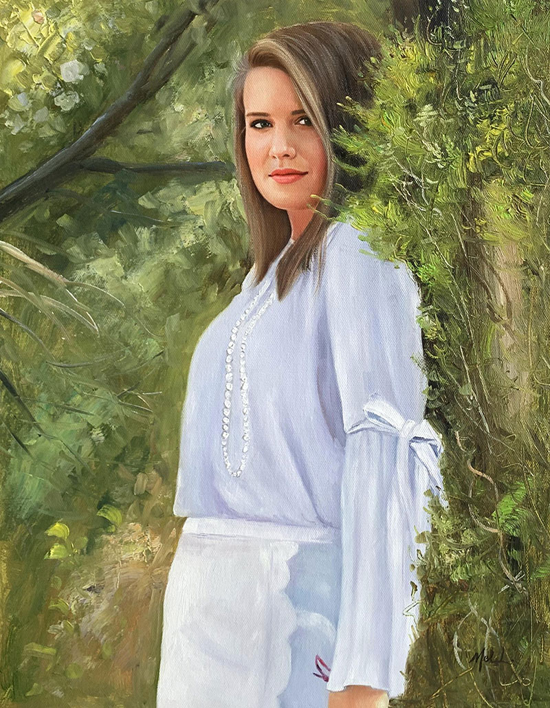 Beautiful oil portrait of a lady outdoors