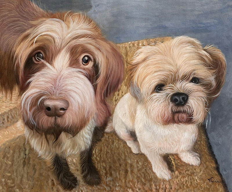 Painting of two dogs sitting side by side, looking up.