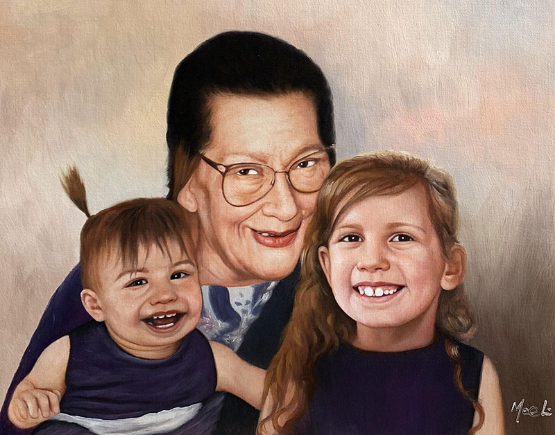 Painting of a grandmother with two young granddaughters.