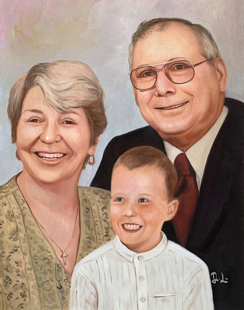 Painted portrait of grandparents and grandson.