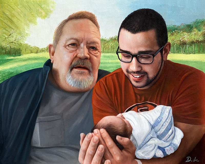 Painting of two men and a baby outdoors