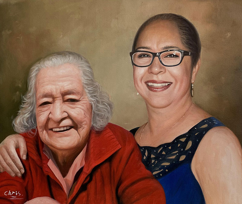 Painted portrait of two smiling women, one older with gray hair in a red sweater, the other younger with glasses in a blue dress.