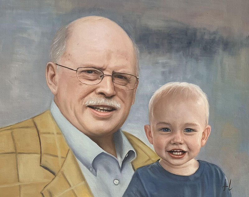 Painting of an older man with glasses and a toddler.