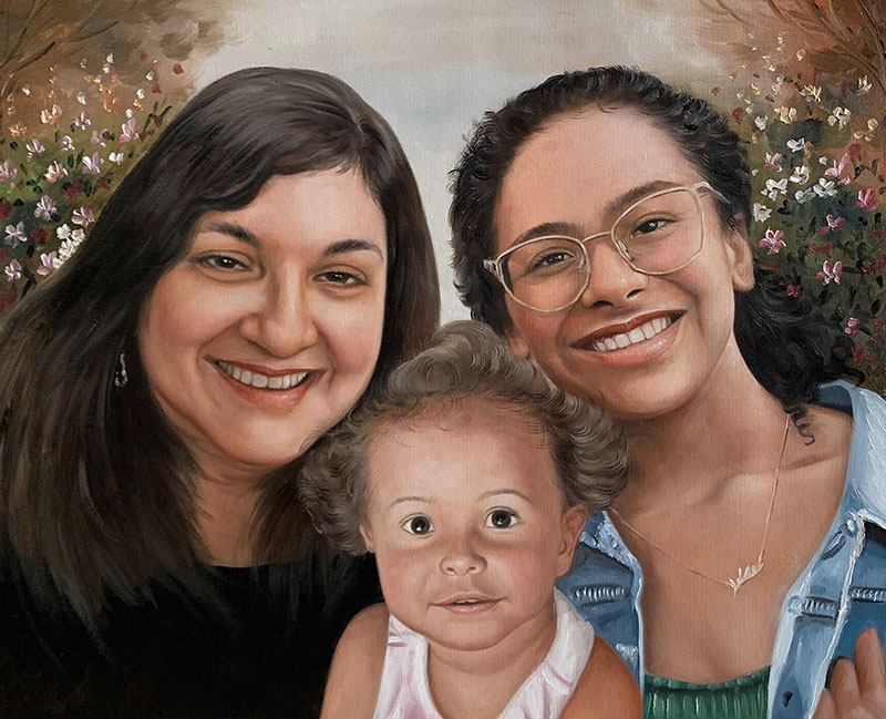 Oil painting portrait of a mother, teenage daughter, and toddler daughter.