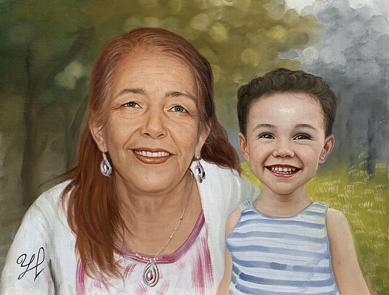 Portrait painting of a woman and a young boy.