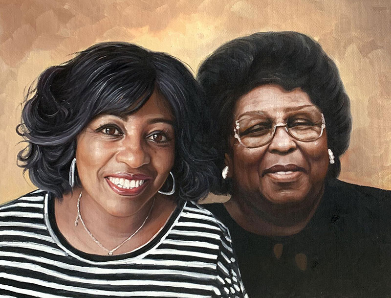 Portrait painting of two Black women, one younger with short curly hair and a striped shirt, the other older with glasses and dark hair styled up.