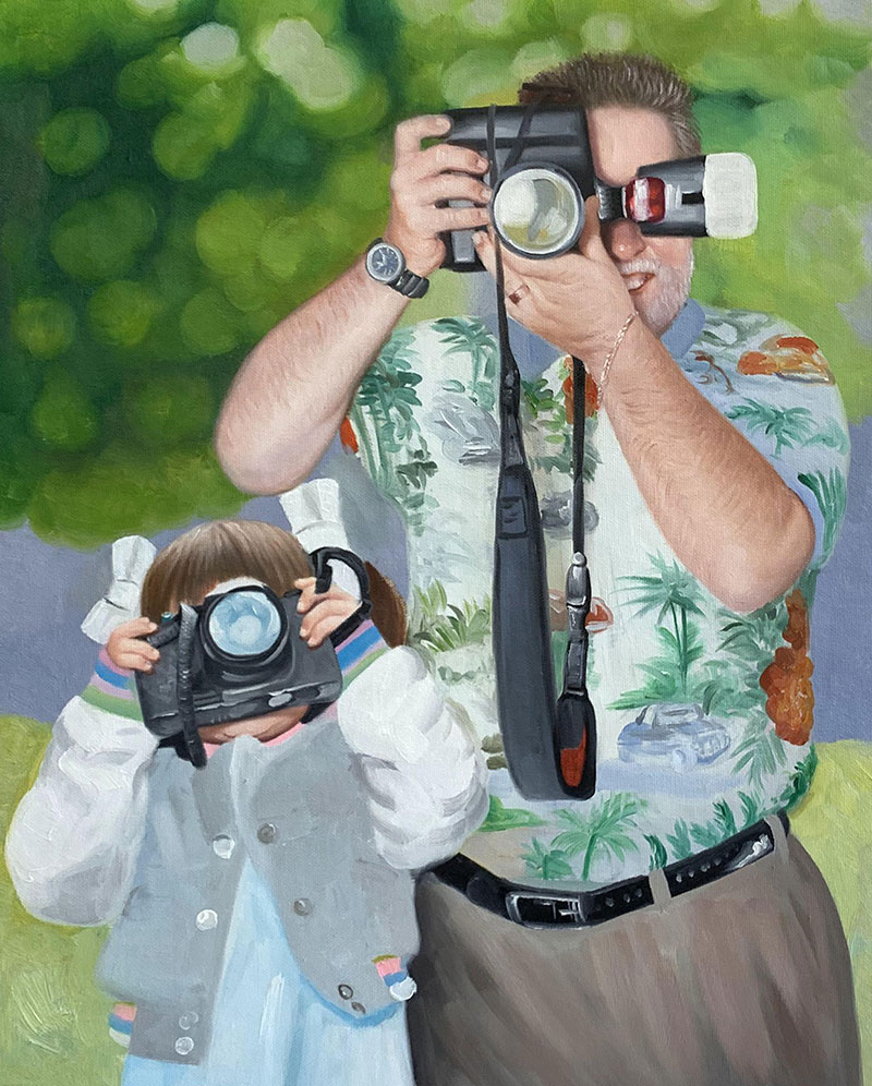 Painting of a man and a young girl, both holding cameras and taking pictures.