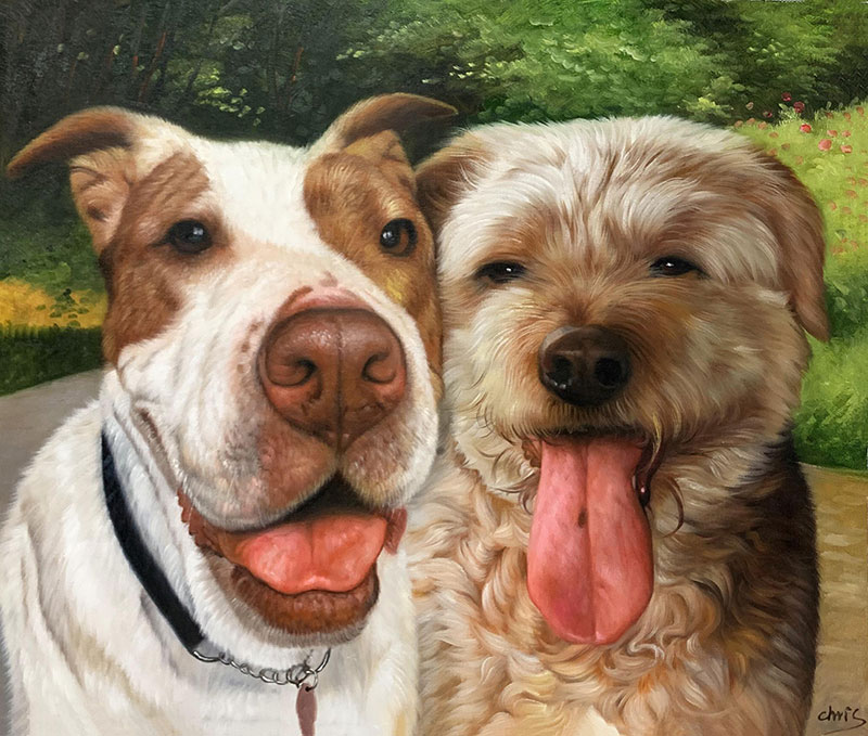 Painting of two dogs, a pit bull mix and a terrier mix, side by side.