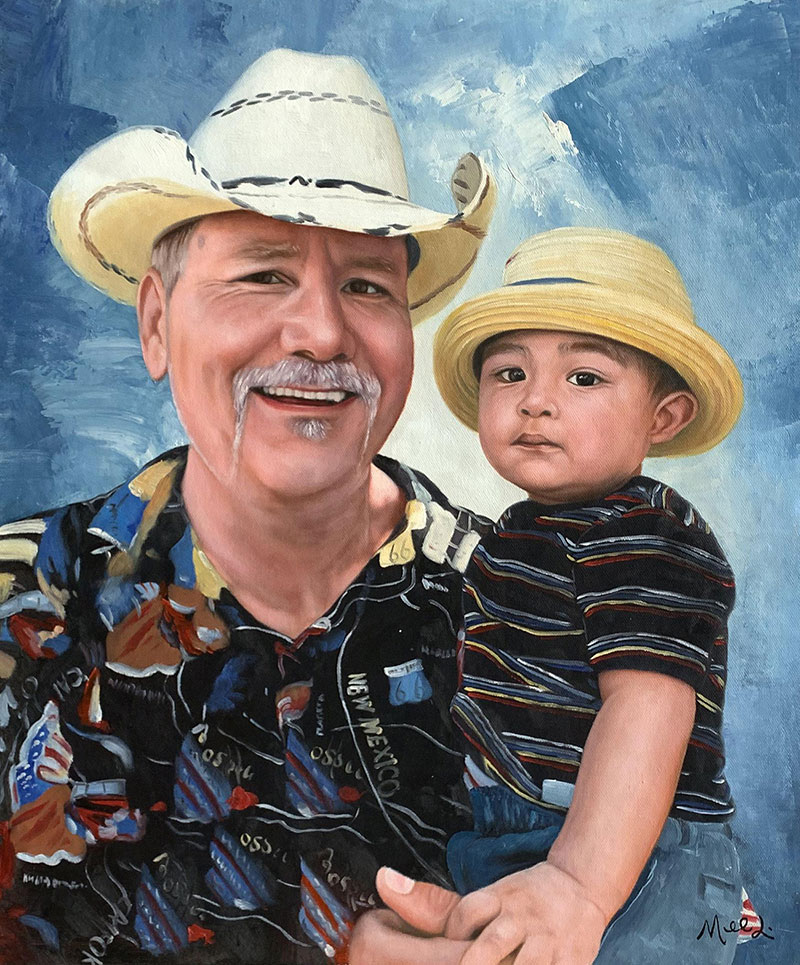 Painting of an older man in a cowboy hat holding a toddler wearing a straw hat.