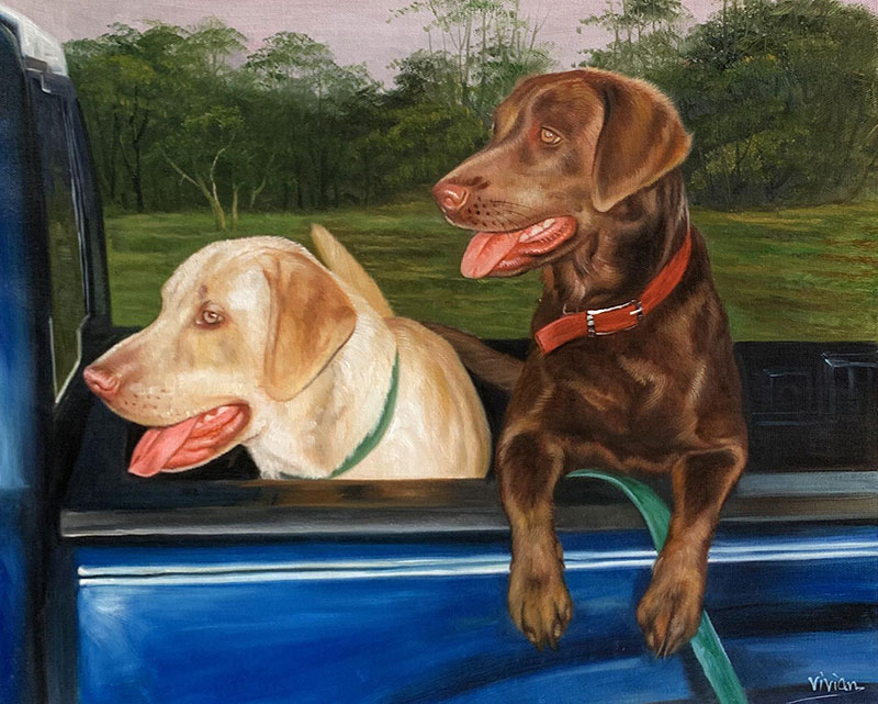 Painting of two Labrador Retrievers in a blue truck bed.