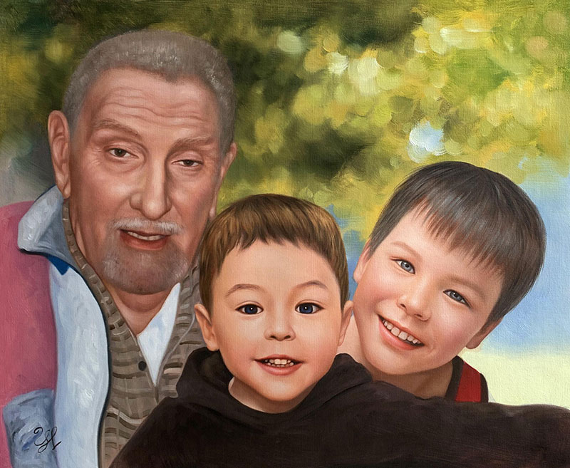Painting of an older man with two young boys.