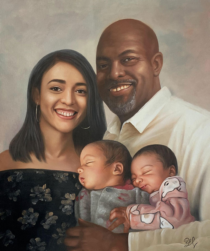 Family portrait painting: a smiling couple with their twin babies.