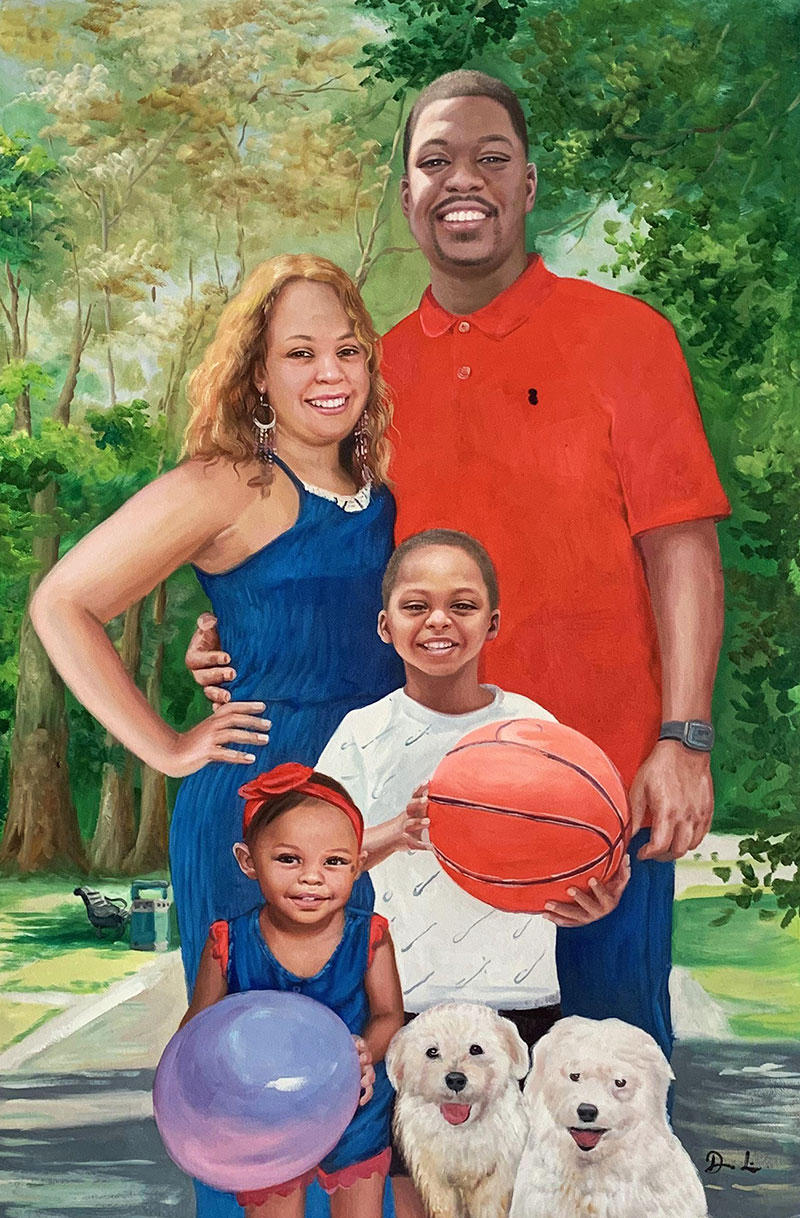 Family portrait painting: parents, two children, and two small white dogs in a park.