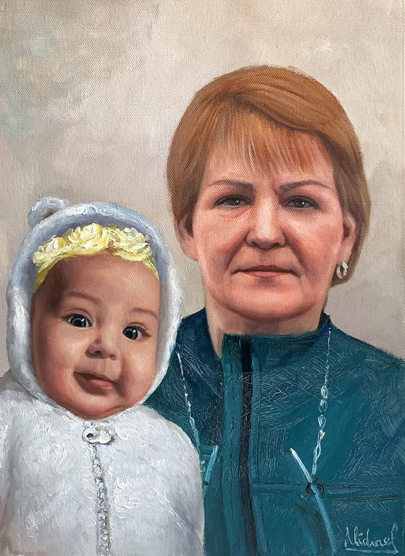 Beautiful acrylic painting of a lady with a baby