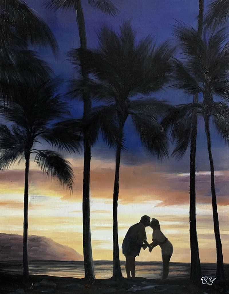 Gorgeous acrylic painting of a kissing couple 