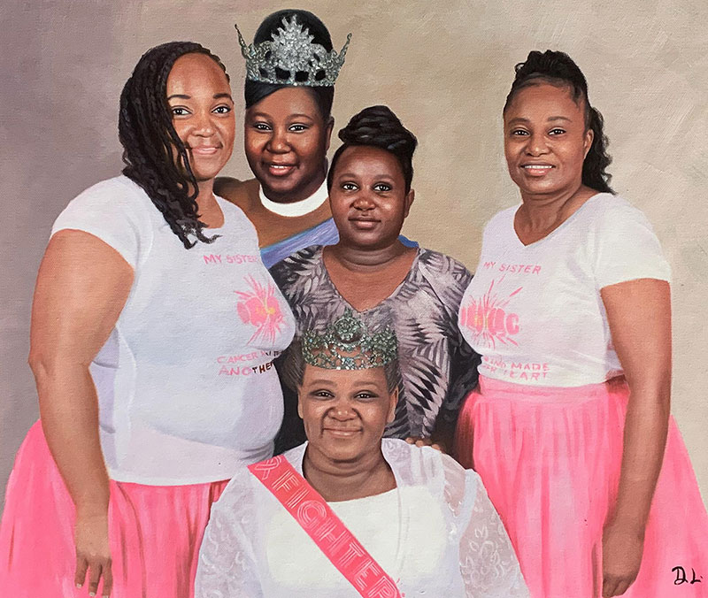 Painted portrait of five Black women, three wearing pink skirts and white shirts, two wearing crowns, one woman wears a sash that says fighter.