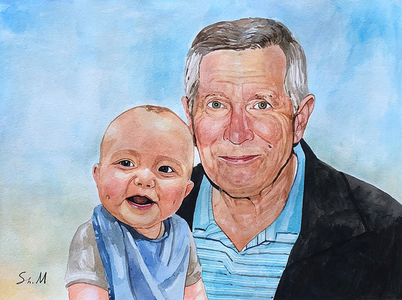 Beautiful watercolor painting of a grandfather and a child