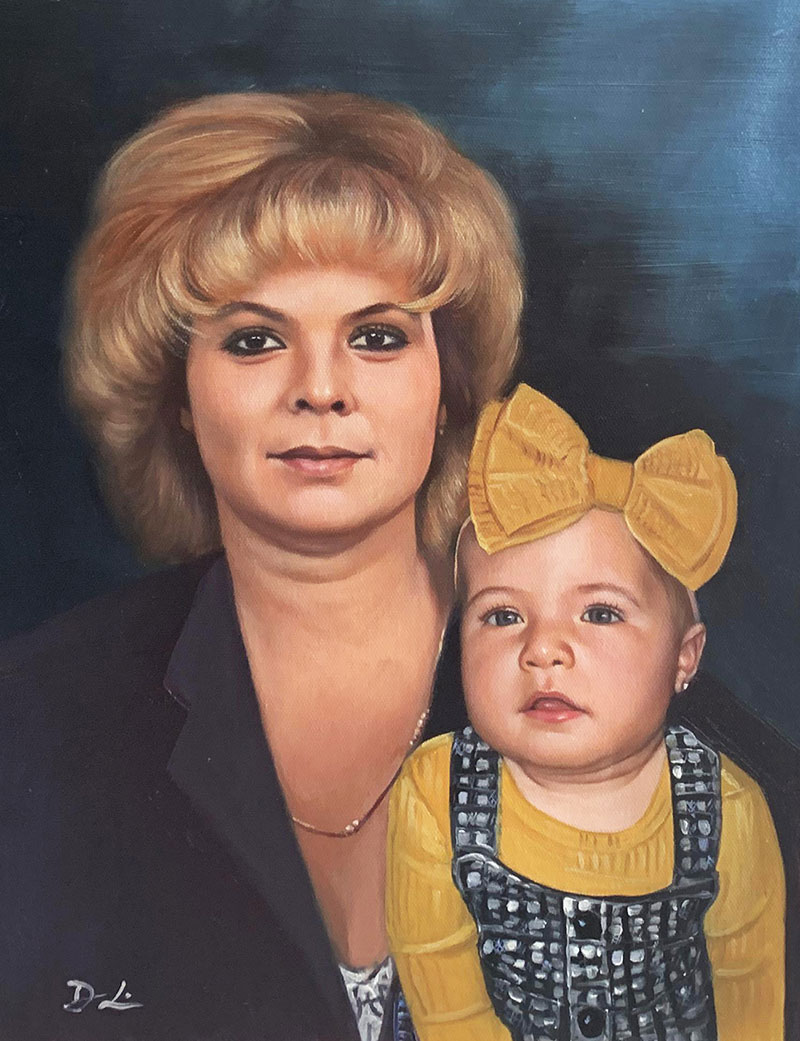 Hyper realistic painting of a lady with a child in acrylic