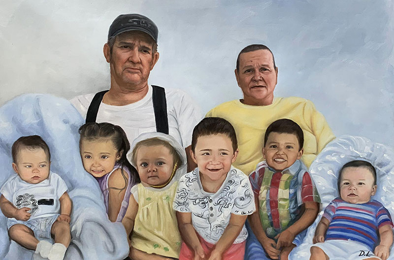 Oil painting of two grandfathers and seven grandchildren.