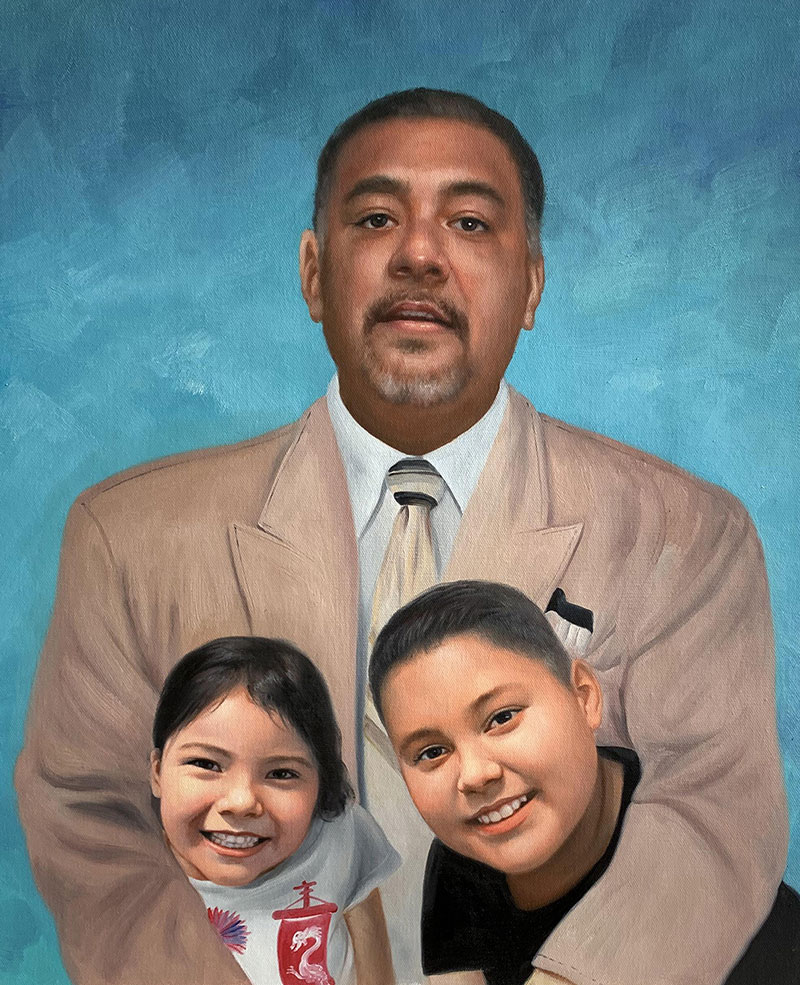 Painting of a man in a tan suit with two children, a girl and a boy.