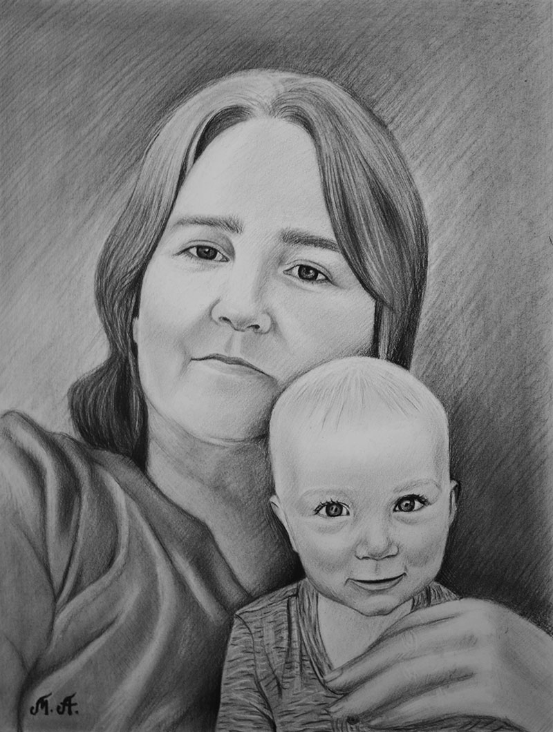 Beautiful charcoal drawing of a lady with a baby