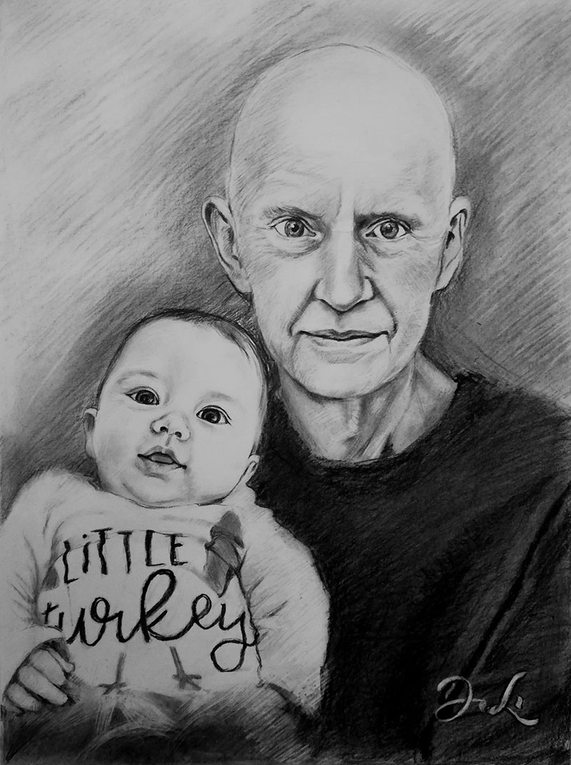Custom charcoal drawing of a grandfather with a grand kid 