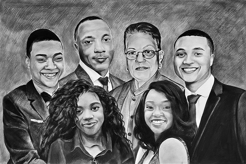 Beautiful charcoal drawing of a family