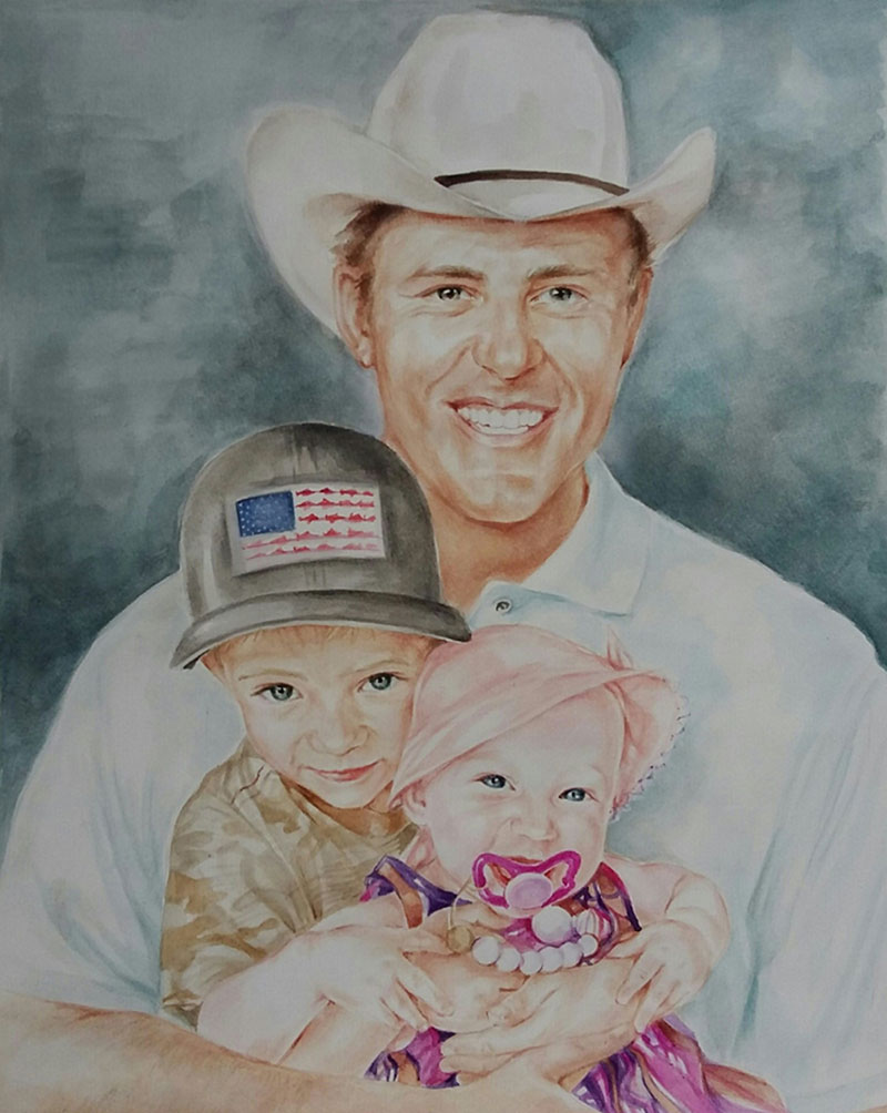 Beautiful watercolor portrait of a gentleman with two kids 