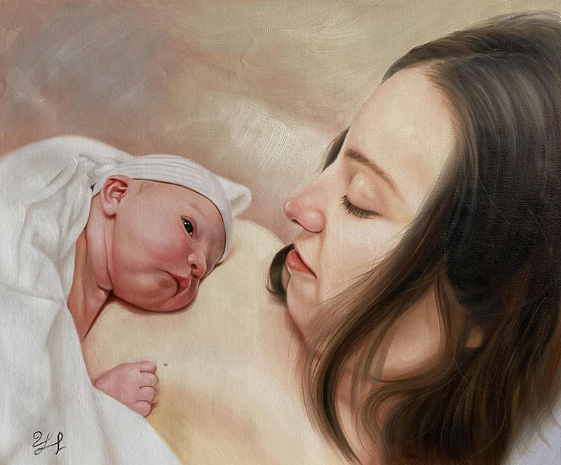 Painting of a mother and newborn baby sleeping together.