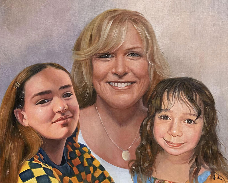 Custom handmade oil painting of a mother with two daughters