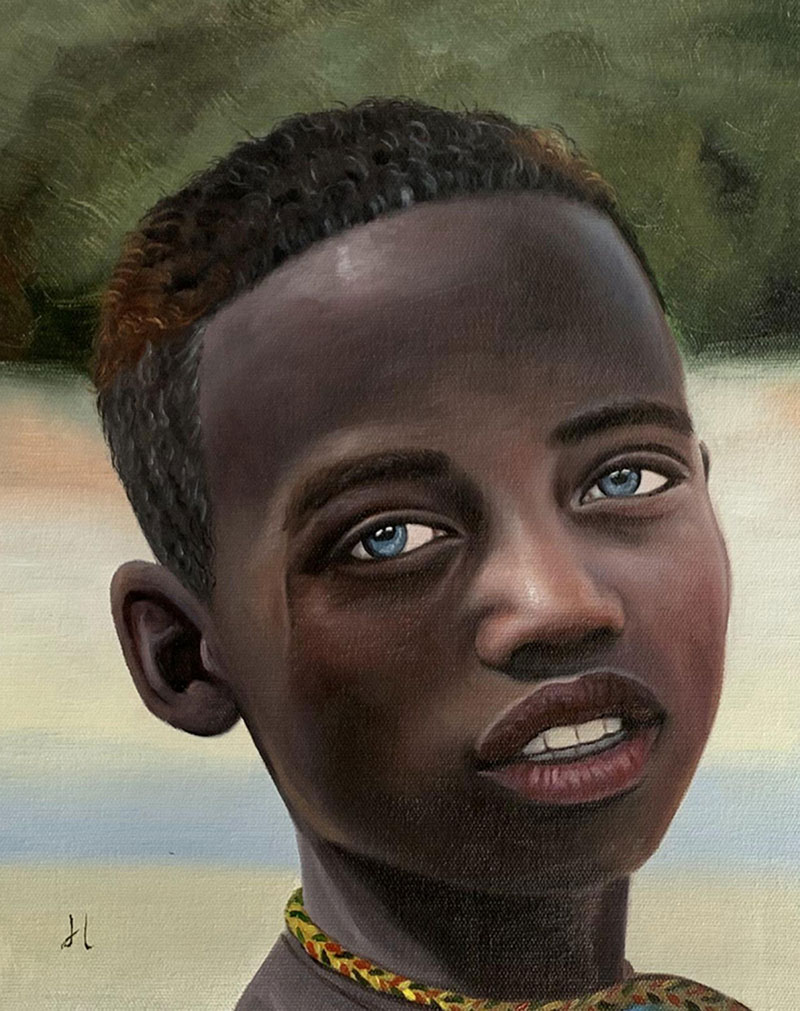 Gorgeous close up oil portrait of a blue eyed black boy