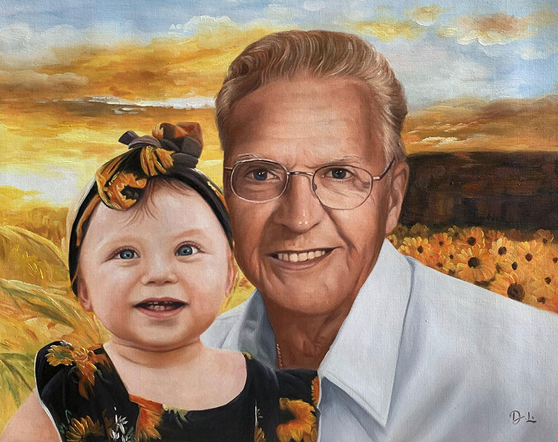 Beautiful oil artwork of a grandfather and a granddaughter