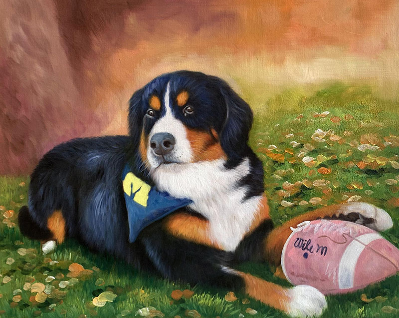 Custom handmade oil painting of a dog with a ball