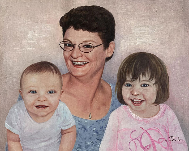 Custom oil painting of a grandmother with two kids