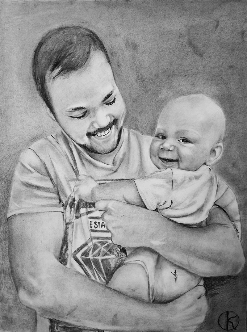 Custom charcoal drawing of a father and son