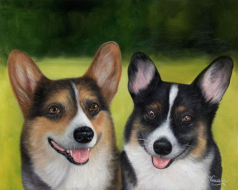 Painting of two smiling corgis.
