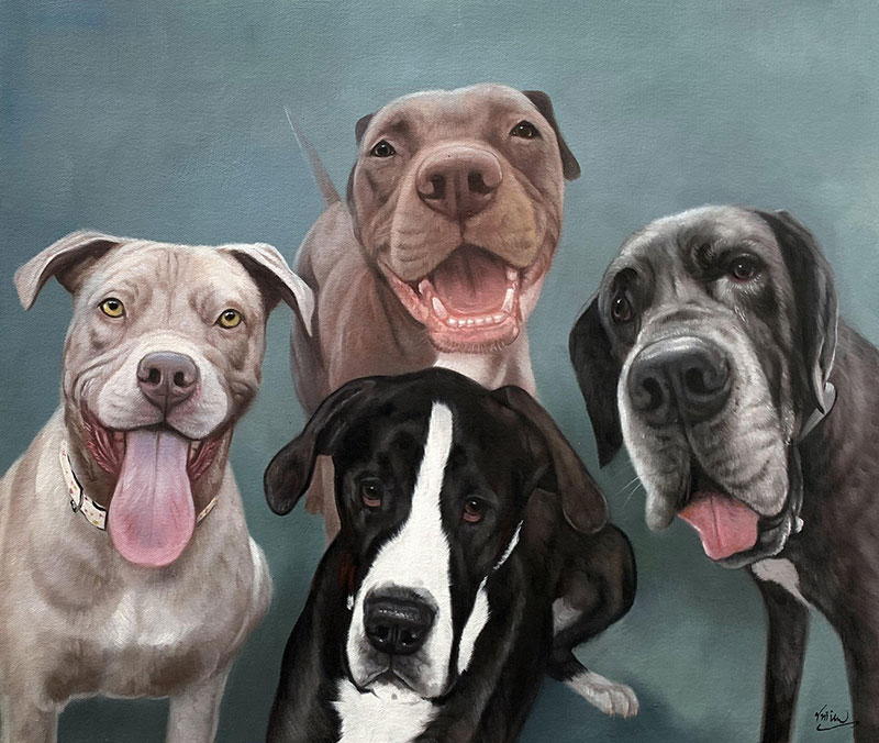 Painted portrait of four dogs: two pit bulls and two Great Danes.