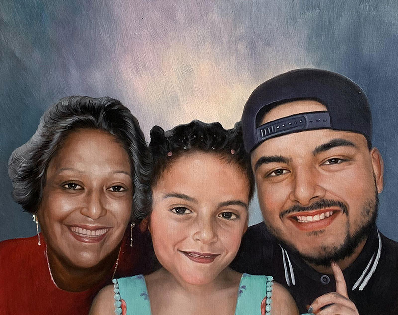 Painted portrait of a woman, girl, and man.