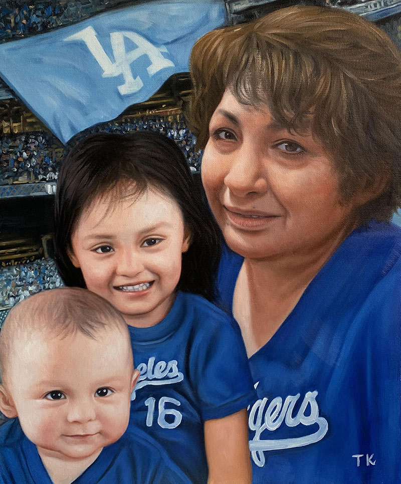 Beautiful oil artwork of a grandmother with grandchildren