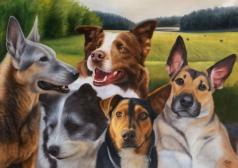 Painting of five dogs in a field.