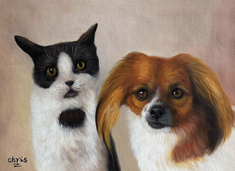 Painting of a tuxedo cat and a long-haired brown and white dog.