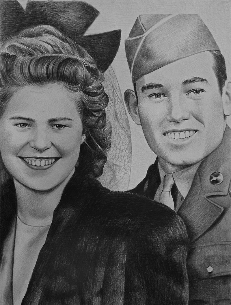 Gorgeous vintage black pencil drawing of a couple