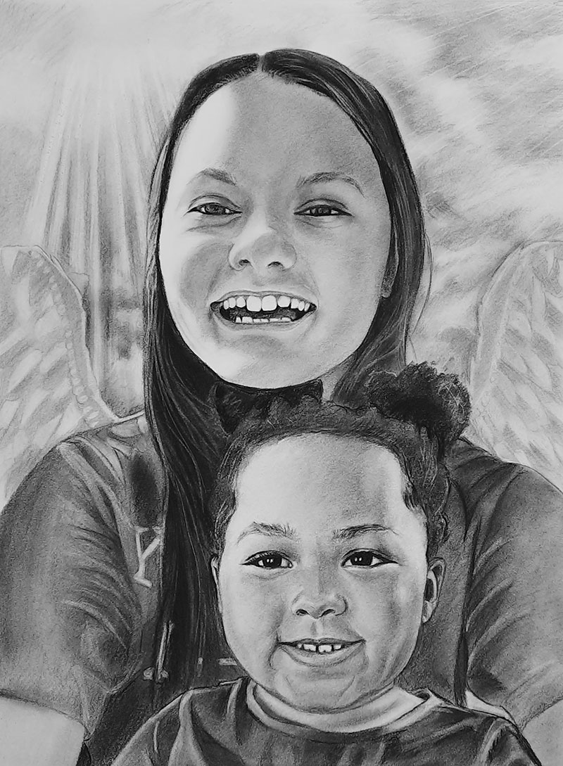 Gorgeous handmade charcoal drawing of a parent and child