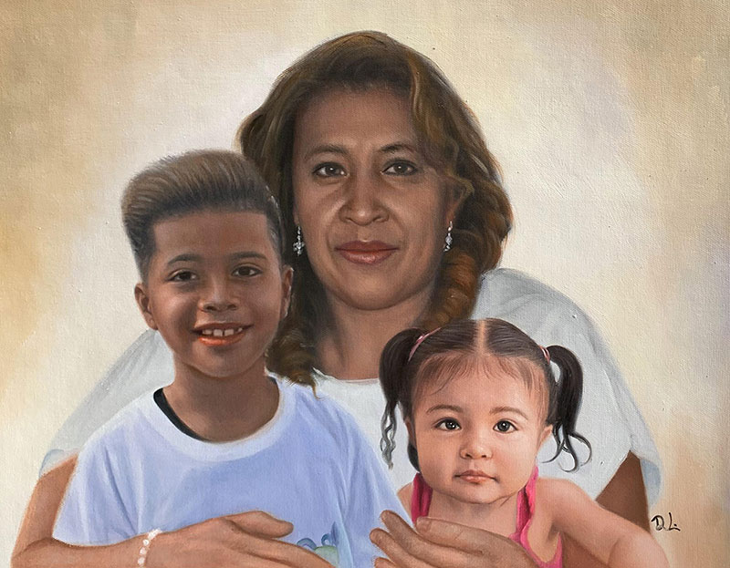 Painted portrait of a woman with a boy and girl.