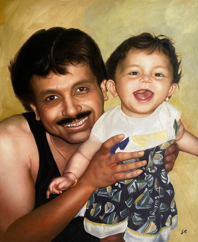 Custom oil painting of a father and daughter having fun