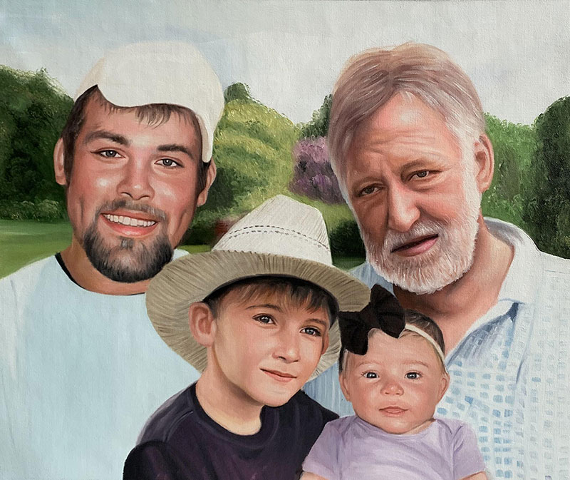 Custom oil painting of two adults with children