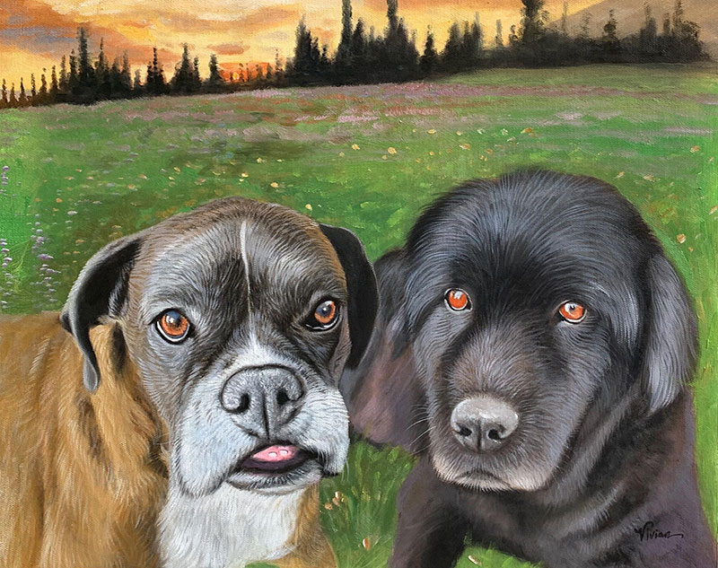 Custom oil painting of two dogs outdoors