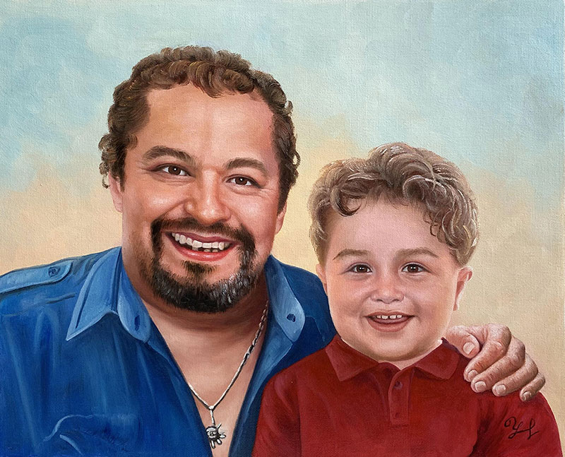 Custom handmade oil painting of a father and son