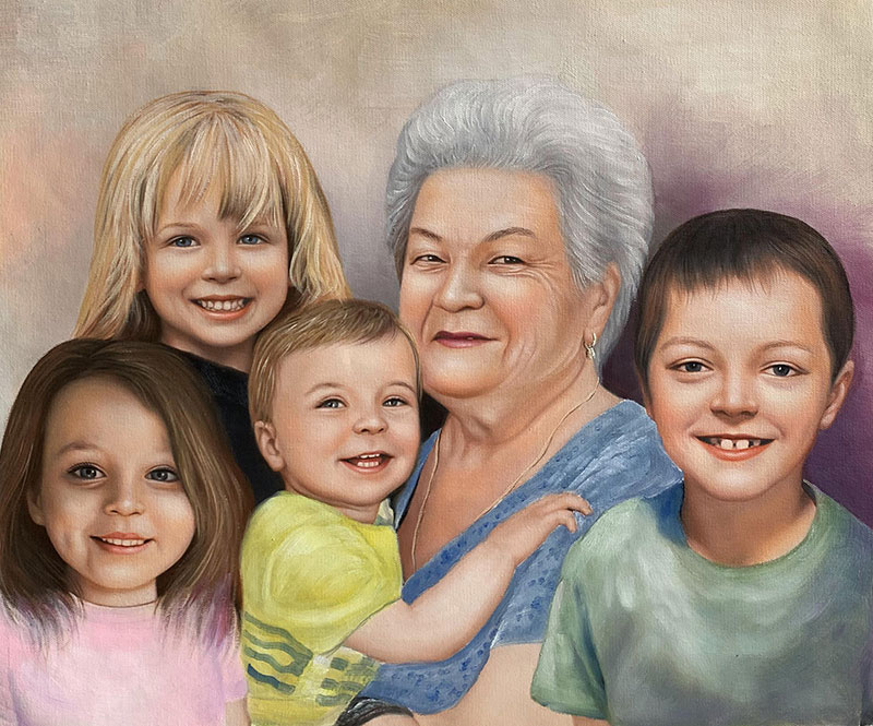 Custom oil painting of a grandmother with four grandchildren